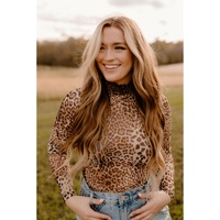 Brown Leopard Smocked Neck Mesh Long Sleeve Bodysuit - L