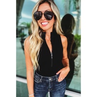 Black Zip up Mock Neck Ribbed Sleeveless Bodysuit - L