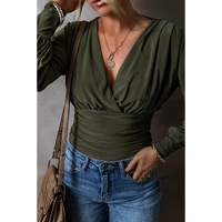Moss Green Ruched Wrap V Neck Long Sleeve Bodysuit - L