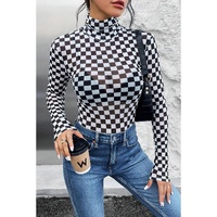 Black Checkered Printed Long Sleeve High Neck Bodysuit - S