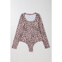 Smoke Gray Leopard Print Long Sleeve Scoop Neck Slim Fit Bodysuit - L