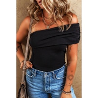 Black Solid Color Pleated One Shoulder Bodysuit - L