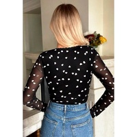Black Heart Shape Mesh Patchwork Square Neck Bodysuit - S