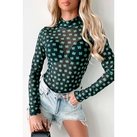 Green St Patrick Shamrock Printed Long Sleeve Mesh Bodysuit - L