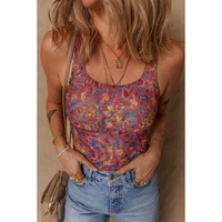 Purple Floral Printed Mesh U Neck Sleeveless Bodysuit - L