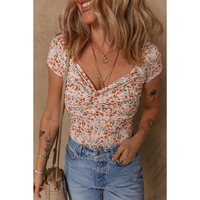 Orange Short Sleeve Floral Ruched Sweetheart Bodysuit - L