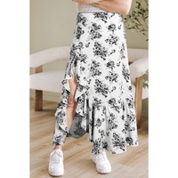 Black Boho Floral High Waist Ruffle Split Maxi Skirt - M