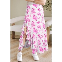 Rose Boho Floral High Waist Ruffle Split Maxi Skirt - L
