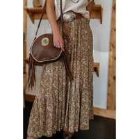 Brown Western Floral Print Ruffled Hem High Waist Loose Maxi Skirt - L