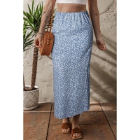 Sky Blue Boho Floral High Waist Long Skirt with Side Split - S