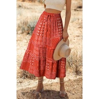 Red Bohemian Mix Print Long Flared Skirt - XL