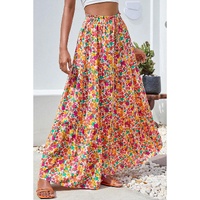 Yellow Boho Floral Print Tiered Long Skirt - XL