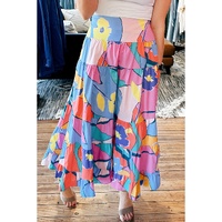 Pink Printed Pocketed High Waist Maxi Skirt - L