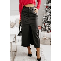 Black Split Front High Waist Slim Fit Midi Skirt - S