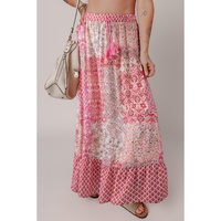 Red Boho Pattern Print Tassel Drawstring High Waist Maxi Dress - L