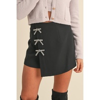 Black Rhinestone Bow Wrap High Waist Mini Skirt - M