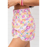 Pink Boho Floral Shirred High Waist Casual Shorts - M