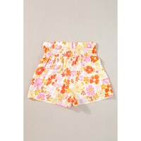 Orange Boho Floral Shirred High Waist Casual Shorts - M