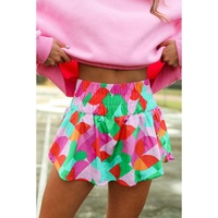 Green Abstract Print Smock Waist Casual Shorts - XL