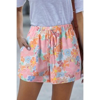 Pink Floral Print Side Pockets Drawstring Casual Shorts - M
