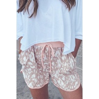 Khaki Classic Leopard Arched Hem Elastic Waist Casual Shorts - S