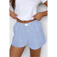 blue Red Plaid Gingham Printed High Waist Shorts - L