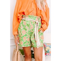 Green Floral Print Pocketed Front Knot High Waist Casual Shorts - S