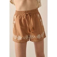 Khaki Embroidered Boho Tasseled Drawstring Elastic Waist Casual shorts - M