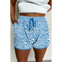 Blue Leopard Elastic Waist Lace up Contrast Trim Casual Shorts - S