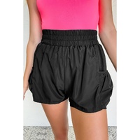 Black Elastic High Waist Pocketed Casual Shorts - M