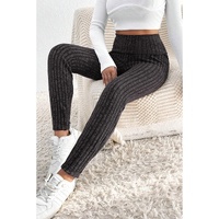 Dark Grey Wide Waistband Ribbed Textured Knit Leggings - S