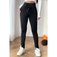 Black Solid Drawstring Waist Thermal Lined Leggings - L
