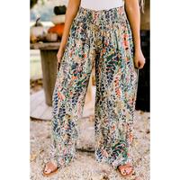Azura Exchange Floral Print Shirred High Waist Wide Leg Pants - S