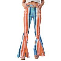 Multicolor Striped Raw Hem Flared Bottom Denim Pants - 16 US
