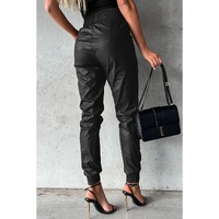 Black Smocked High-Waist Leather Skinny Pants - L