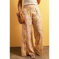 Yellow Floral Print High Slit Wide Leg Pants - L