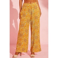 Yellow Bohemian Floral Print Pocketed Wide Leg Pants - M