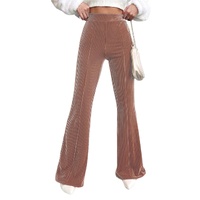 Dusty Pink Solid Color High Waist Flare Corduroy Pants - L