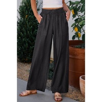 Black Side Pockets Frilled Smocked High Waist Wide Leg Jeans - L