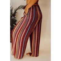 Red Boho Ethnic Striped Print Tie Waist Wide Leg Pants - L