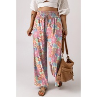 Pink Floral Smocked Waist Loose Pants - L