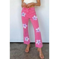 Pink Flower Patterns Raw Hem Flare Jeans - 16 US