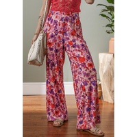 Purple Floral Wide Leg Elastic High Waist Pants - XL