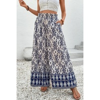 Blue Boho Pattern Print High Waist Wide Leg Loose Pants - L