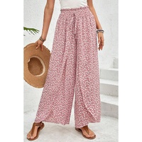 Pink Bohemian Print Slit Wide Leg Smocked High Waist Pants - L