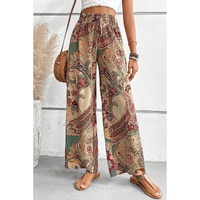 Khaki Paisley Print Boho Elastic Waist Wide Leg Pants - L