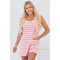 Pink Stripe Knotted Strap Patched Pocket Romper - L