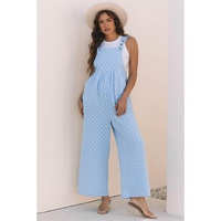 Beau Blue Checkered Pocketed High Waist Wide Leg Overall - XL