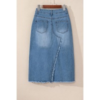 Light Blue Frayed Slit Asymmetric Denim Midi Skirt - XL