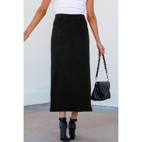 Black Button Fly Side Split High Waist Denim Midi Skirt - XL